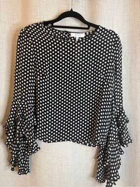 Milly Black & White Polka Dot Ruffle-Sleeve Blouse